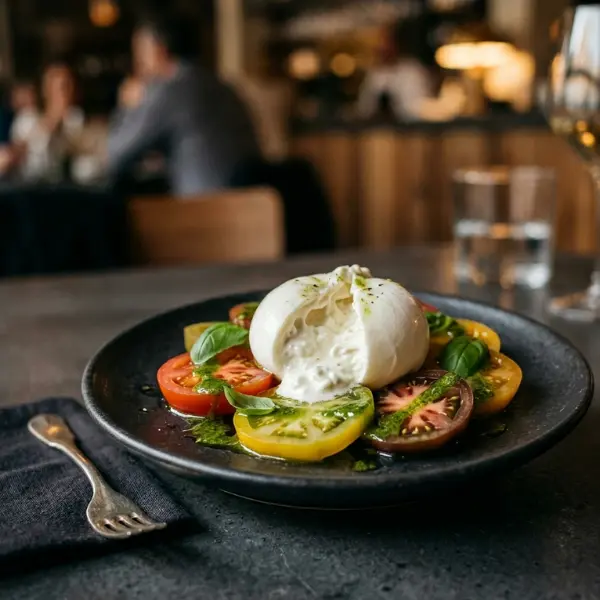 Burrata con tomate de temporada