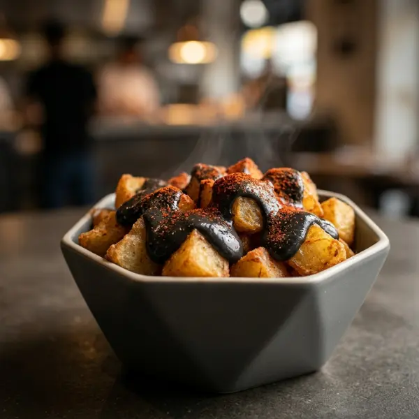 Patatas bravas con alioli de ajo negro